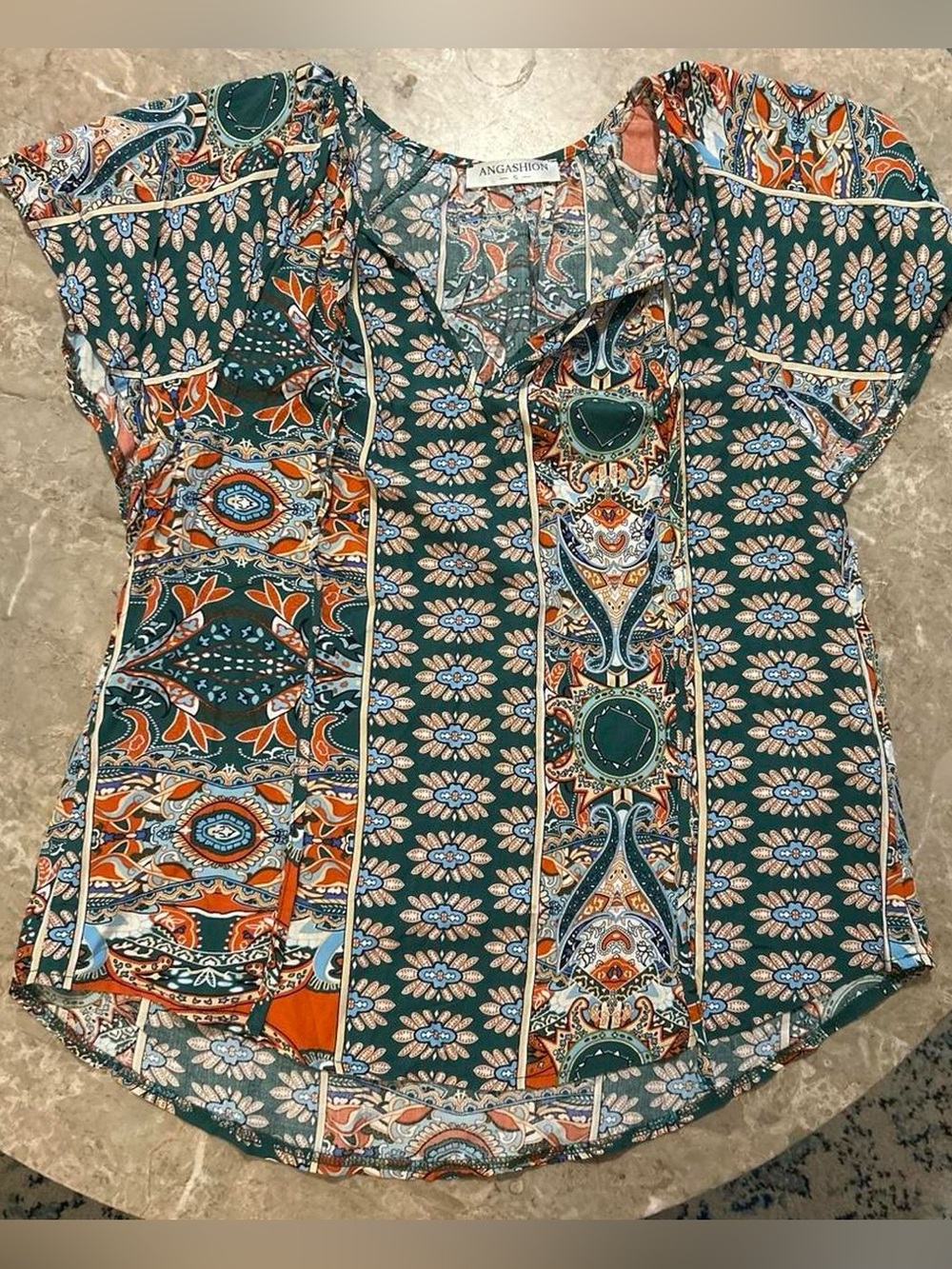 Angashion Green & Orange Printed Women's Blouse